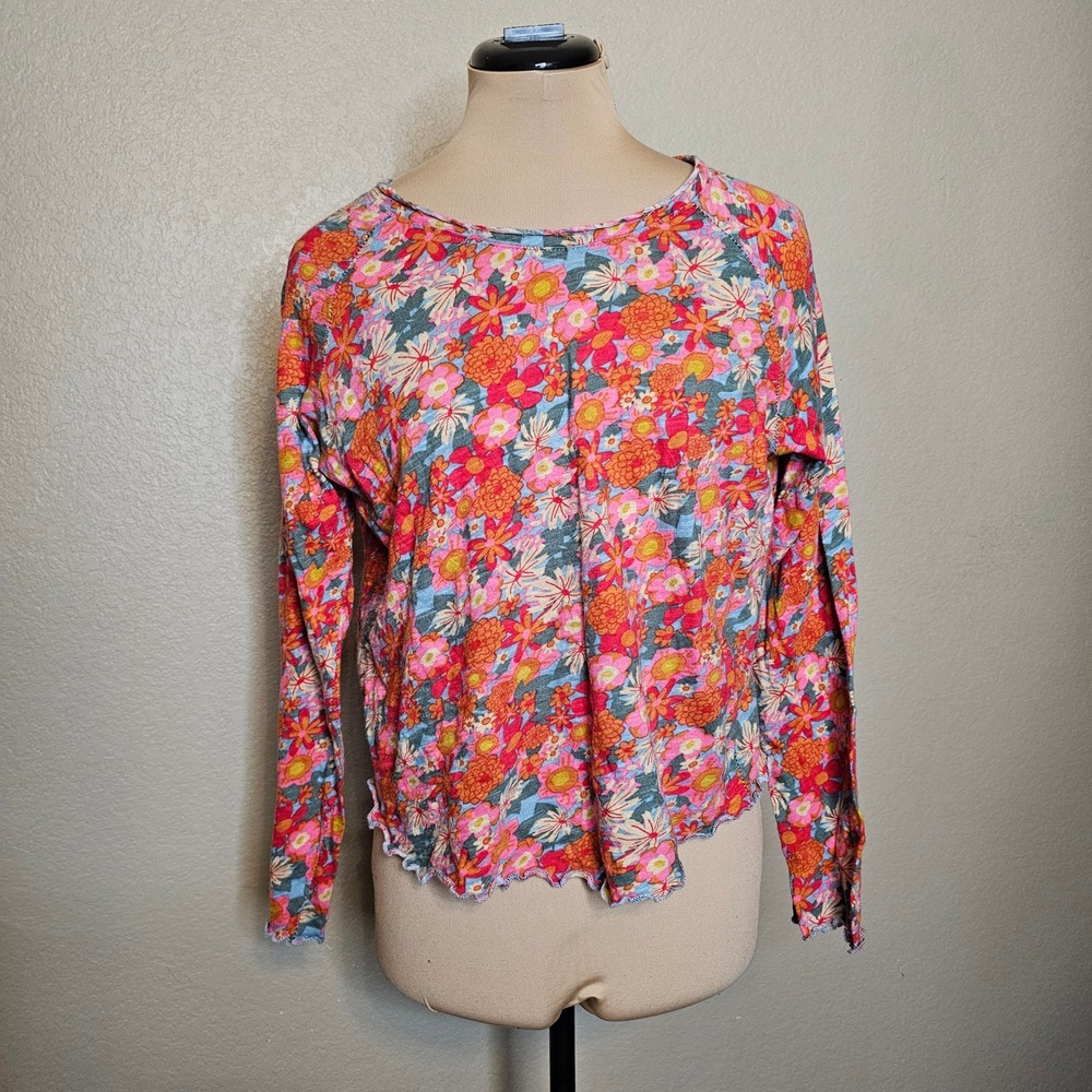 Natural Life Floral Long Sleeve Lettuce Edge Top Pink Orange Blue Large